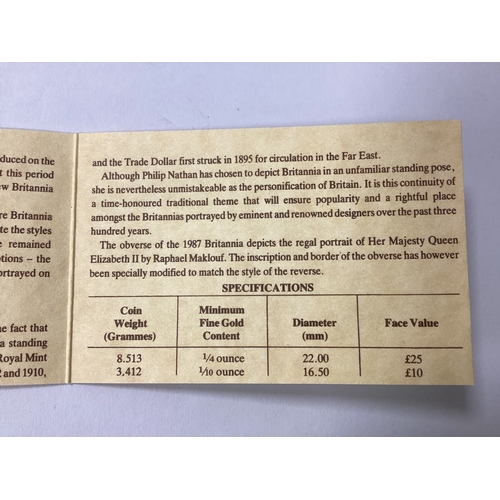 256 - 1987 Royal Mint Gold Proof Britannia Two Coin Set, includes 1/4oz and 1/10oz coins, cased with a cer... 