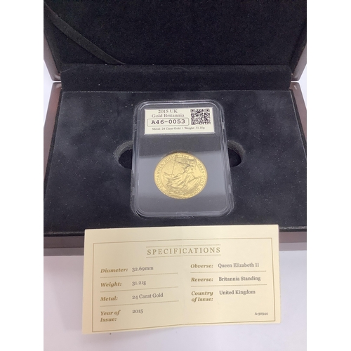 256A - 2015 UK Fine Gold One Ounce Britannia, slabbed and cased with a certificate of authenticity.