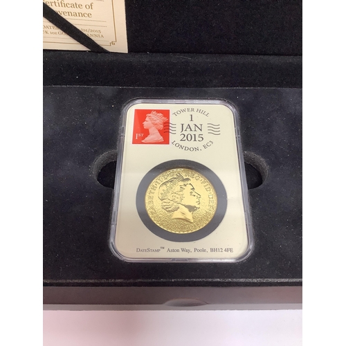 256A - 2015 UK Fine Gold One Ounce Britannia, slabbed and cased with a certificate of authenticity.