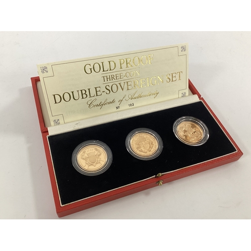 259 - Royal Mint Gold Proof Double Sovereign Three Coin Set, features a 1986 Commonwealth Games, 1989 500t... 