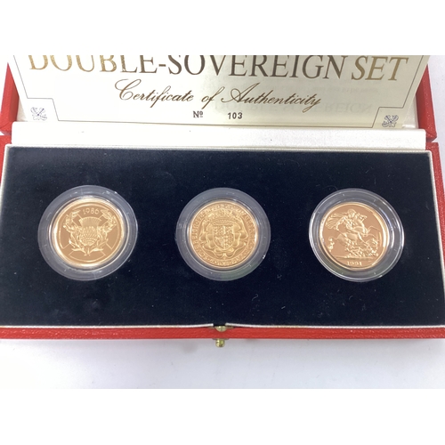 259 - Royal Mint Gold Proof Double Sovereign Three Coin Set, features a 1986 Commonwealth Games, 1989 500t... 