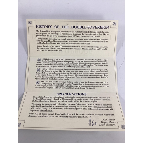 259 - Royal Mint Gold Proof Double Sovereign Three Coin Set, features a 1986 Commonwealth Games, 1989 500t... 