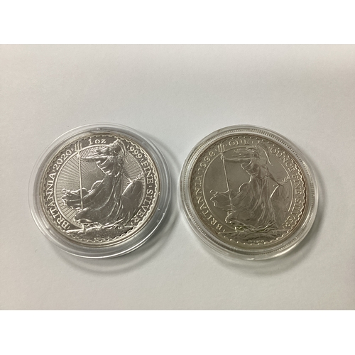 57A - Two Fine Silver One Ounce Britannia Coins, 1998 and 2020.