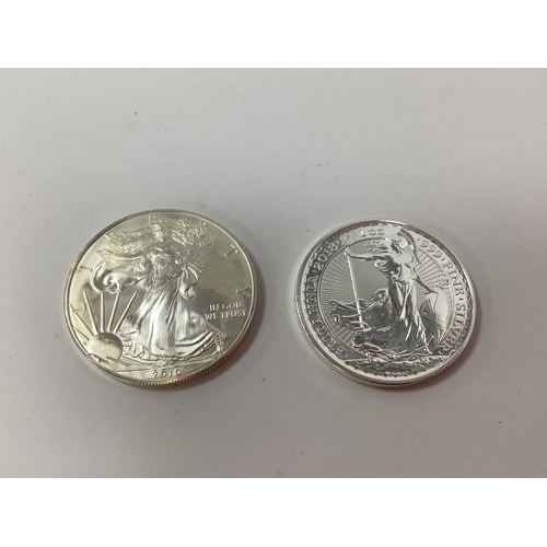 58 - Two Fine Silver One Ounce Coins,includes a 2018 Britannia and a 2010 USA Dollar.