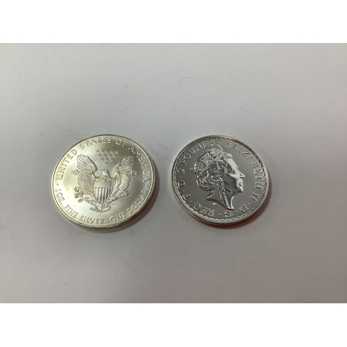 58 - Two Fine Silver One Ounce Coins,includes a 2018 Britannia and a 2010 USA Dollar.