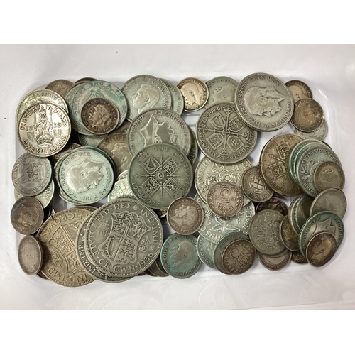 64 - Collection Of GB Pre 1947 Silver Coins, includes Half Crowns, Florins, Shillings etc, total weight 3... 