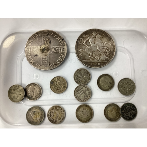 70 - Collection Of GB Silver Coins, includes a 1696 William III Crown, 1889 Victoria Crown, Threepences, ... 