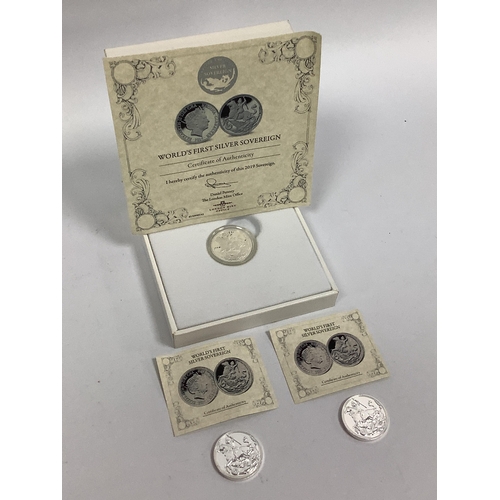 72 - Three 2019 World's First Silver Sovereigns, all with certificates of authenticity.