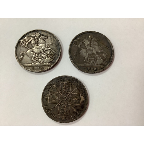 75 - 1902 Edward VII Silver Crown, together with a Victoria 1889 Crown and Double Florin.