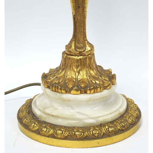 1351 - A XX Century Ormolu and Marble Table Lamp, with leaf moulded decoration, with shade, 53cm high.