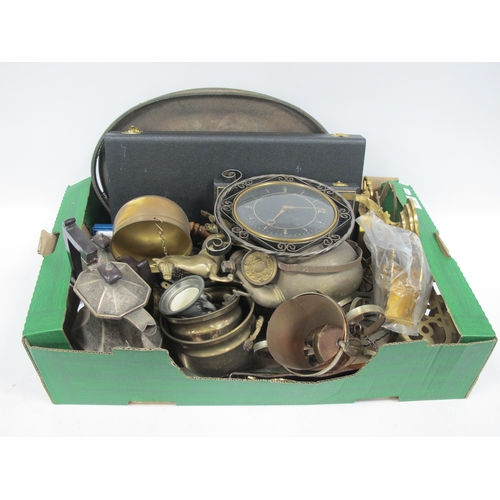 1046 - Canteen of Cutlery, plated tea service, plated tray, brassware, etc:- One Box.