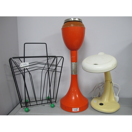 1132 - 1970s Orange Plastic Floor Standing Ashtray, 52cm tall, magazine wirework rack with green atom feet,... 