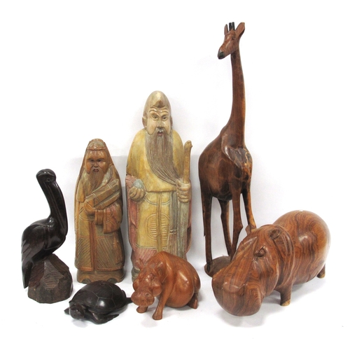 1211 - Wood Carving Collection, including animal and human figures: giraffe (H62cm), hardwood hippos, bird ... 