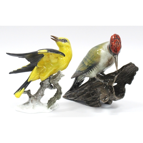 1346 - Rosenthal Green woodpecker, stamped F.Heidenreich 1691, 21cm high and Golden Oriole by the same hand... 