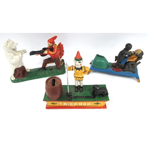 1520 - Three Reproduction Iron Novelty Money Boxes, Sweeney Todd, 22cm long, Shooting a Polar Bear and Dog ... 