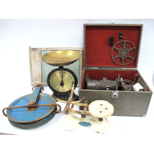1537 - Skiffle Board, Pulley Wheel, scales (2), Bell & Howell projector.