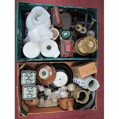 1540 - Barometers, cutlery, corkscrew, tins, oil lamp, scales, Poole coffee pot and biscuit jar, candlestic... 