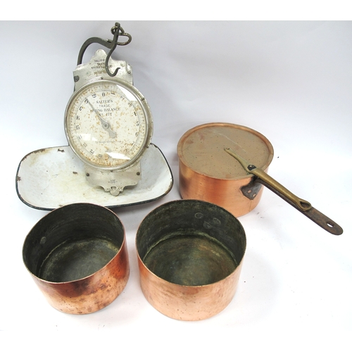 1542 - Copper Coking Pan, 23cm diameter, plus lid, two smaller handleless pans, Salter's trade spring balan... 