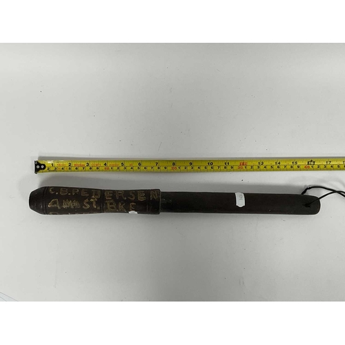 1434 - Truncheons - Three turned hardwood examples, a primitive example crudely named C.B. Pedersen 4 mast ... 