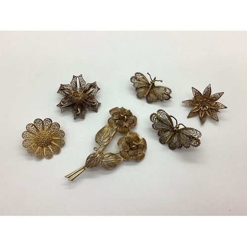 178 - A Collection of Gilt Coloured Filigree Brooches, including butterflies, flowerheads, etc. (6)