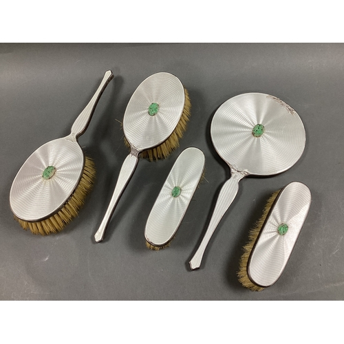 276 - A Matched Hallmarked Silver and Enamel Five Piece Dressing Table Set, Birmingham 1938, 1939, each wi... 