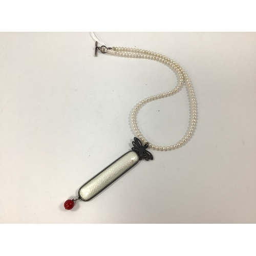 202 - A Norwegian Enamel Drop Pendant, JLM 925 Birmingham, the elongated panel suspending bead detail, to ... 