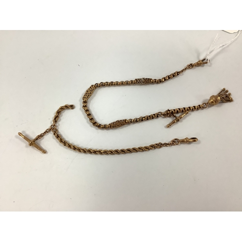 203 - A Victorian Style Gilt Coloured Fancy Link Albertina Chain, with tassel decoration and T-bar, to swi... 