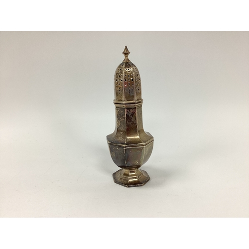 31 - A Hallmarked Silver Sugar Caster, Martin, Hall & Co, Chester 1909, of octagonal balustr form, with p... 