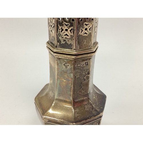 31 - A Hallmarked Silver Sugar Caster, Martin, Hall & Co, Chester 1909, of octagonal balustr form, with p... 
