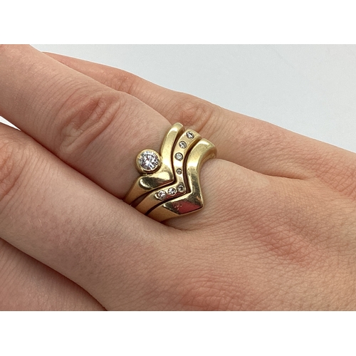 52 - A Bespoke 9ct Gold Three Piece Wedding Band Set, of modern asymmetric wishbone design, consisting of... 