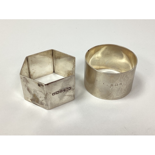 7 - A Hallmarked Silver Hexagonal Napkin Ring, of plain design, R F Mosley & Co, Sheffield 1944; Togethe... 
