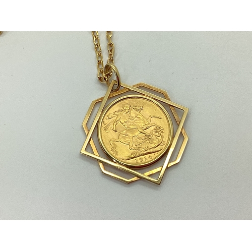 88 - A George V Full Sovereign, 1914, loose set within a geometric openwork mount, stamped 