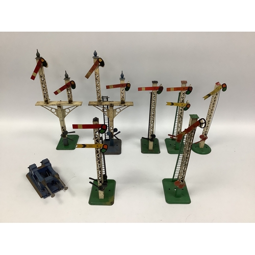 408 - Seven Pre-War Hornby 'O' Gauge Signals, including two No 2, plus a set of spring buffers, all playwo... 