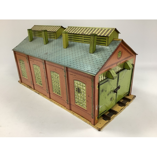 675 - A Pre-War Hornby 'O' Gauge No 2 Clockwork Engine Shed, with vents, appears complete, playworn, unbox... 