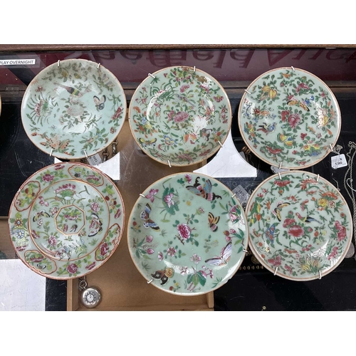 1169 - XIX Century Cantonese Famille Rose Plates (x 15), the widest 19.5cm, each decorated with exotic bird... 