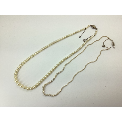 119 - A Dainty Part Seed Pearl Graduated Single Strand Necklace, to diamond set clasp (part detached); Tog... 