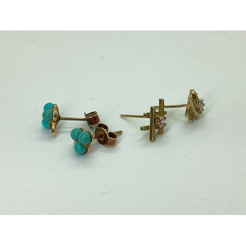 62 - A Pair of Turquoise Coloured Earrings, of cabochon triangular form, to post and scroll fitting, indi... 