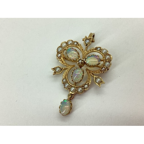 72 - A Modern 9ct Gold Opal and Pearl Pendant / Brooch, of Victorian style, oval cabochon claw set (overa... 