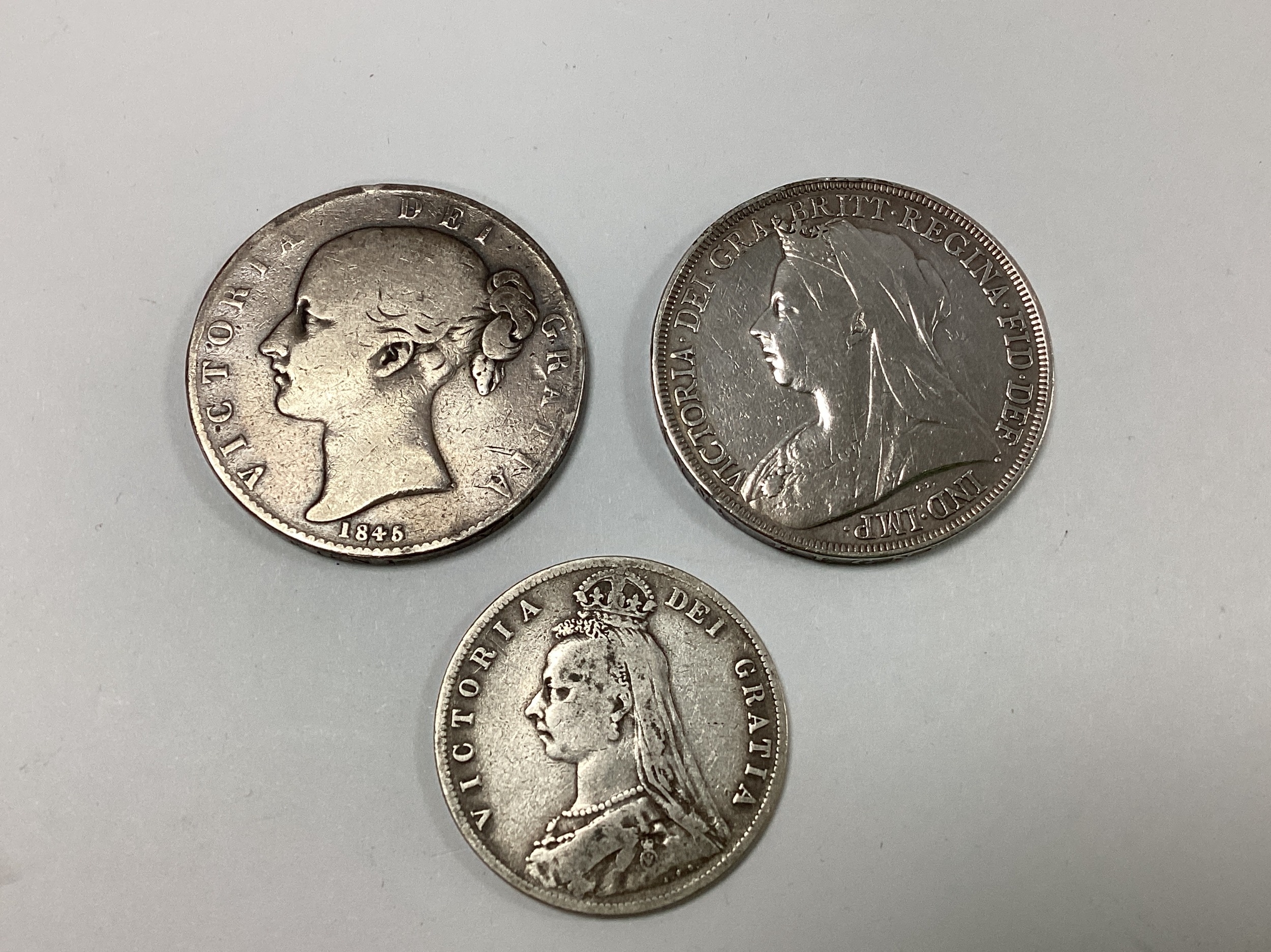 Three XIX Century Victoria GB Silver Coins, includes an 1845 Crown ...