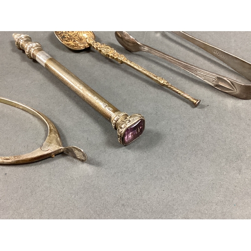 37 - A Pair of Hallmarked Silver Spur Form Sugar Tongs, together with an antique sliding pencil with inse... 