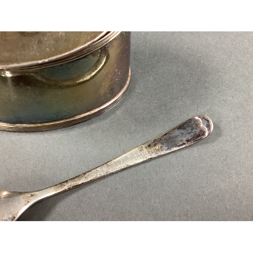 59 - A Hallmarked Silver Mustard Pot, of plain design, with oval glass liner, together with a spoon stamp... 