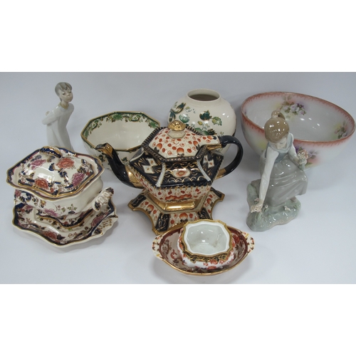 1198 - Lladro Figurine of a Girl Picking Flowers, Masons Mandalay tureen on stand, XIX Century Imari patter... 