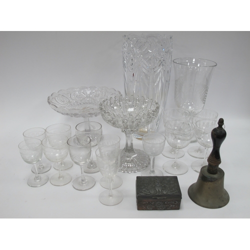 1275 - Etched Stem Glasses, tazzas, heavy vase, 29cm high, XIX Century celery vase, brass bell, Japanese so... 