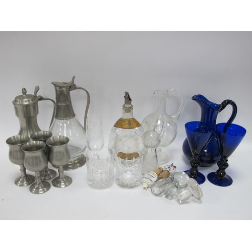 1276 - Blue Glass Jug and Two Goblets - decanters, pewter jug and goblets, etc:- One Tray.