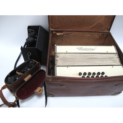 1333 - Mastertono Accordion, two pairs of binoculars, all cased (3).