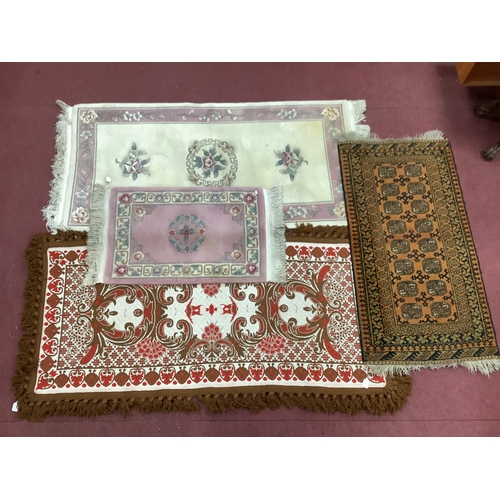 1614 - Wool Tasseled Rug, with two rows of eight motifs on mustard ground, overall 154 x 74cm, another rug ... 