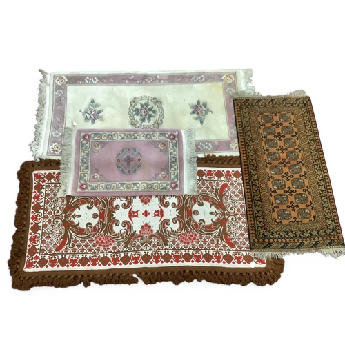 1614 - Wool Tasseled Rug, with two rows of eight motifs on mustard ground, overall 154 x 74cm, another rug ... 