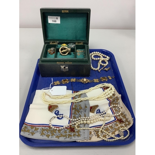168 - Antique Jewellery Box, containing assorted imitation pearl bead necklaces, Victorian polished hardst... 