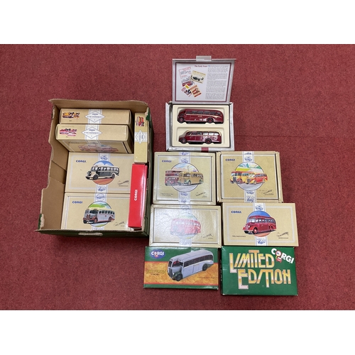 408 - Eighteen Diecast model buses by Corgi, including Classic Commercials #97106 The Fred Bobby Bedford O... 