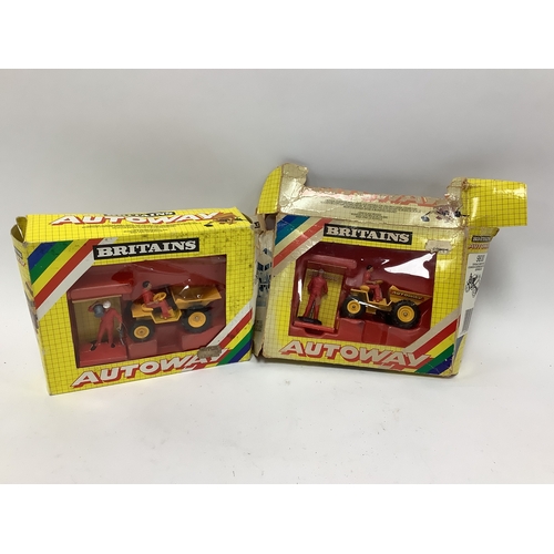 581 - Two Britains 1:32 scale diecast model #9810 Autoway Tipping Dump Trucks. Both boxes damaged/poor.